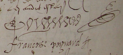 Signatures d'Etienne Poignard et de sa fille Françoise e Françoise Poigrad épouse de Nicolas Berjonneau (Saint-Basile, 23 mai 1588)