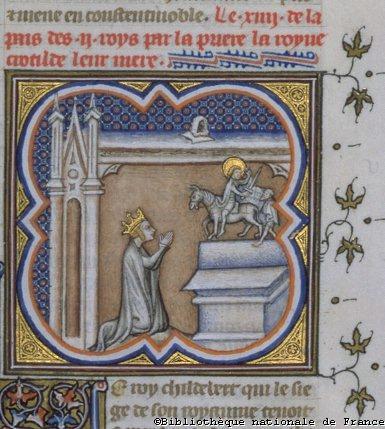 Sainte Clotilde, femme de Clovis, dévote de saint Martin (miniature pour les Grandes Chroniques de France, 14e siècle, © BNF)