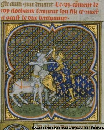 Bataille d'Etampes (vers 612) vue par un artiste du XIVe siècle (Grandes chroniques de France, BNF)
