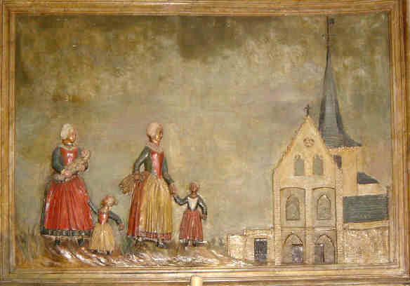 Pélerins de Saint-Phalier de Chabris (fin XVIIe ou début XVIIIe s., relief peint, mur nord de l'église Saint-Phalier de Chabris, © Daniel Police, 2005)