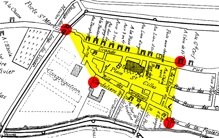 Plan du secteur concerné par la charte de Louis VI (d'après le plan de Léon Marquis d'Etampes aux XVIe et XVIIe siècles)