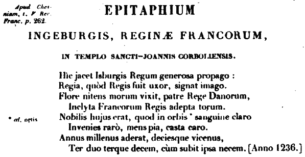Epitaphe d'Isembourg selon Brial (vers 1825) d'après Duchesne