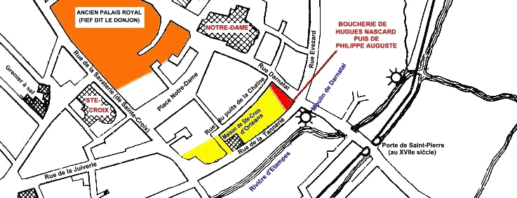Plan approximatif proposant en jaune une localisation pour la censive des seigneurs du Pavillon aux XIIe et XIIIe siècle