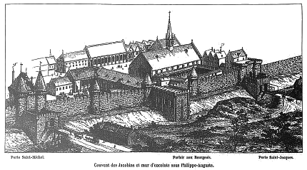 Le Couvent des Jacobins près de l'enceinte de Philippe Auguste (reconstitution non datée mise en ligne par la BNF)