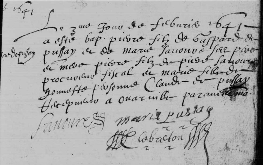 Acte de naissance de Pierre Depussay (1641)