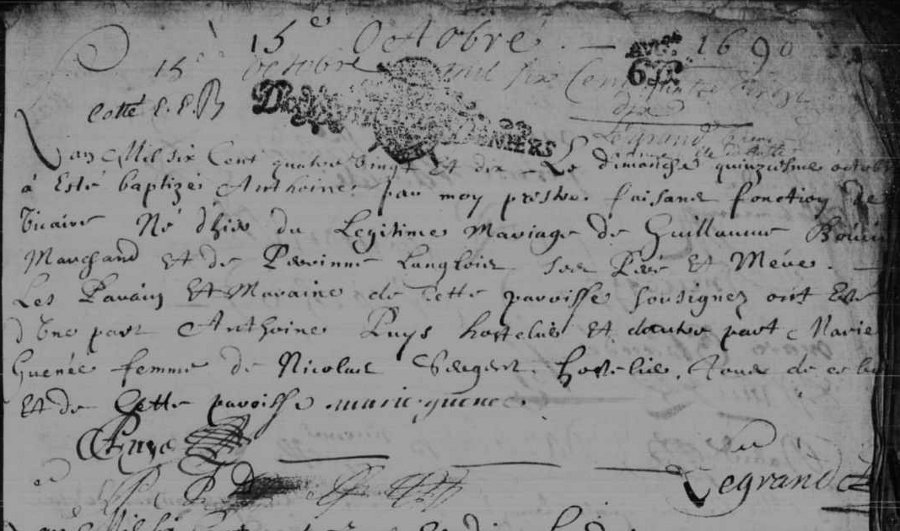 Acte de naissance d'Antoine Boivin (1690)