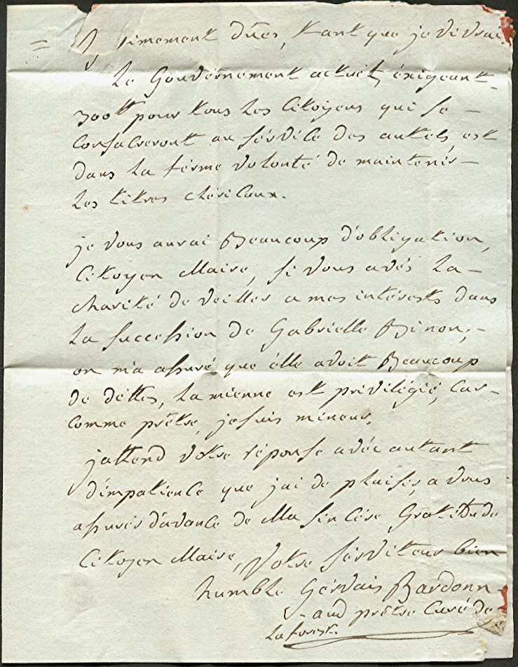 Lettre de Gervais Bardonnaud du 21 juin 1803