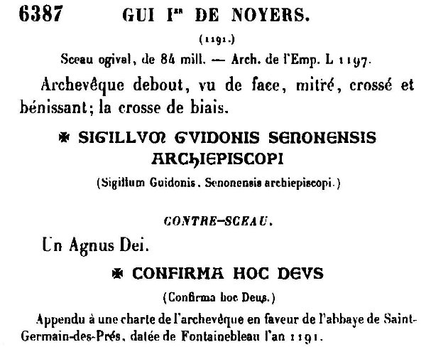 Sceau et contre-sceau de Guy I de Noyers archevêque de Sens (1191)