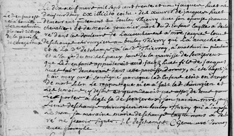 Acte de naissance pittoresque de Jacques Huet en 1731