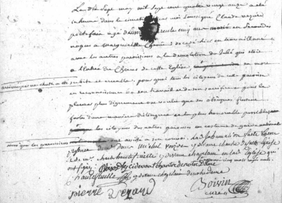 Dècès d'un ouvrier pendant la démolition du jubé (registre des décès de Notre-Dame d'Etampes)