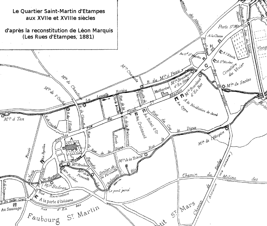 Plan du quartier Saint-Martin aux XVIIe et XVIIIe siècle selon Léon Marquis (1881)