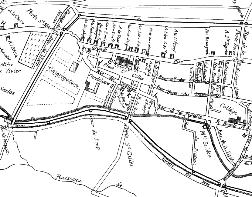 Plan du quartier Saint-Gilles aux XVIe et XVIIe siècle selon Léon Marquis (1881)