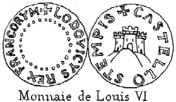 Reconstitution fantaisiste par Léon Marquis (1881) du faux denier de Louis VI ou Louis VII signalé par Claude de Bouteroue à Dom Basile Fleureau vers 1668