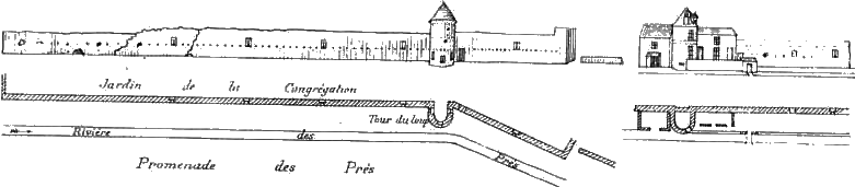 Partie des remparts conservée en 1881 (dessin de Léon Marquis d'après un tableau du Musée d'Etampes)