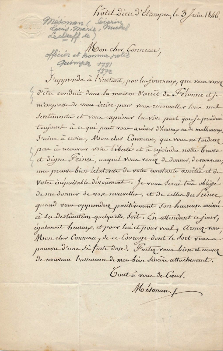 Lettre de Mésonan à Colleau (Etampes, 3 juin 1846)