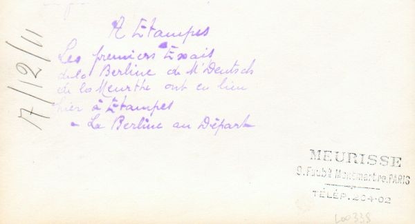 17/12/11 A Etampes Les premiers Essais de la Berline de Mr Deutsch de la Meurthe ont eu lieu hier à Etampes. La Berline au Départ (Meurisse 9 Faubg Montmartre PARIS TELEPHONE 204-02)