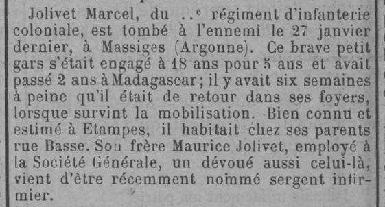 Mention de son décès dans l'Abeille d'Etampes du 20 février