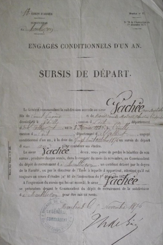 Courrier militaire adressé à Jean-Baptiste Vachée en 1876