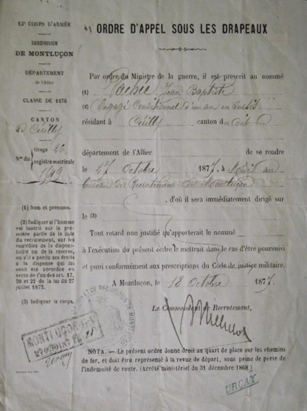 Courrier militaire adressé à Jean-Baptiste Vachée en 1877