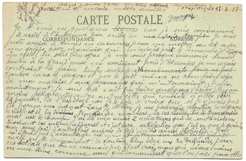 Georges: Carte postale &agrave; un ami pr&ecirc;tre (15 avril 1917)