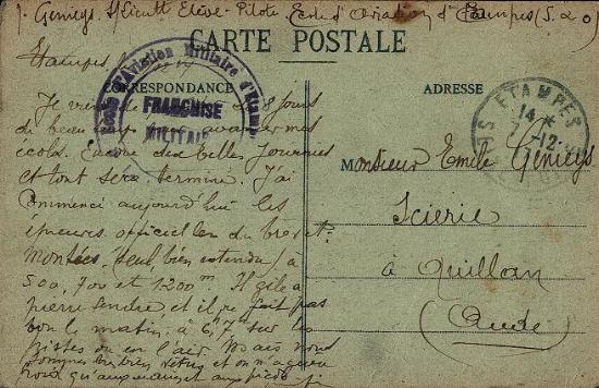 J. Genieys, élève-pilote à Etampes: Lettre du 6 décembre 1917