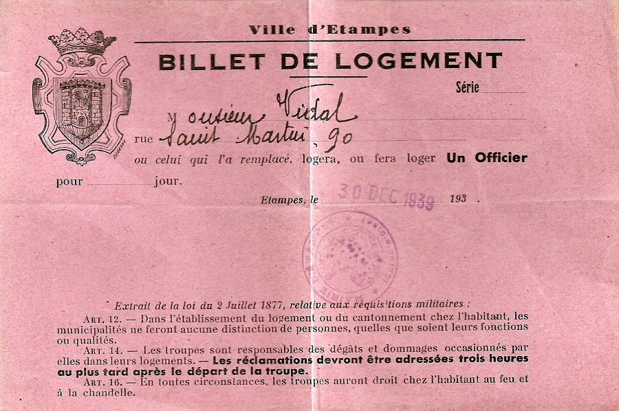 Billet de logement chez l'habitant (30 d&eacute;cembre 1939)