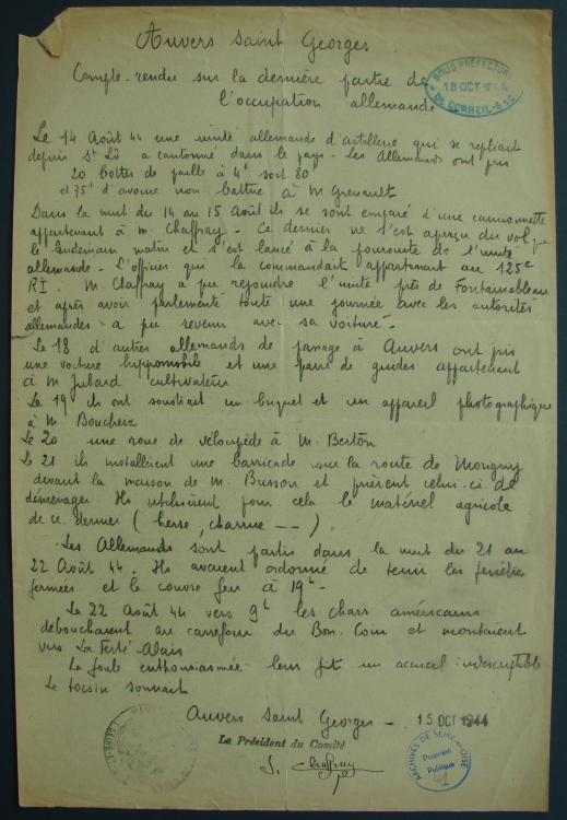 Compte-rendu de la Libération d'Auvers-Saint-Georges