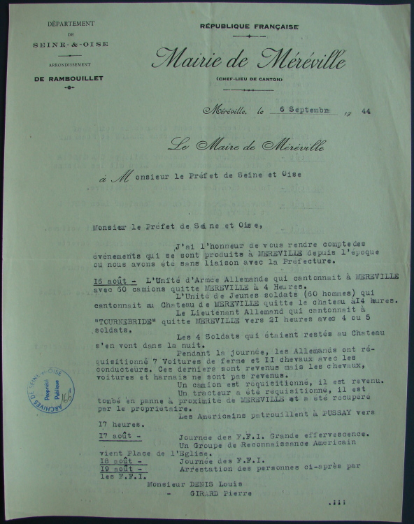 Compte-rendu de l'Occupation et de la Libération de Méréville