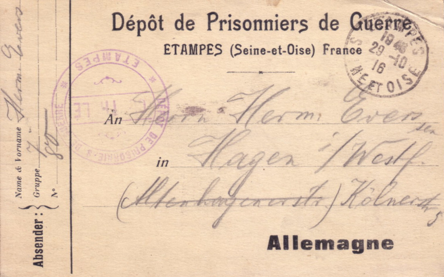 Courrier émanant du dépôt de prisonniers du dépôt d'Etampes