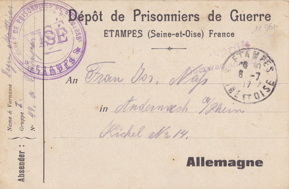 Courrier émanant du dépôt de prisonniers du dépôt d'Etampes