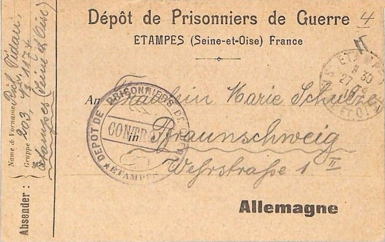 Courrier émanant du dépôt de prisonniers du dépôt d'Etampes