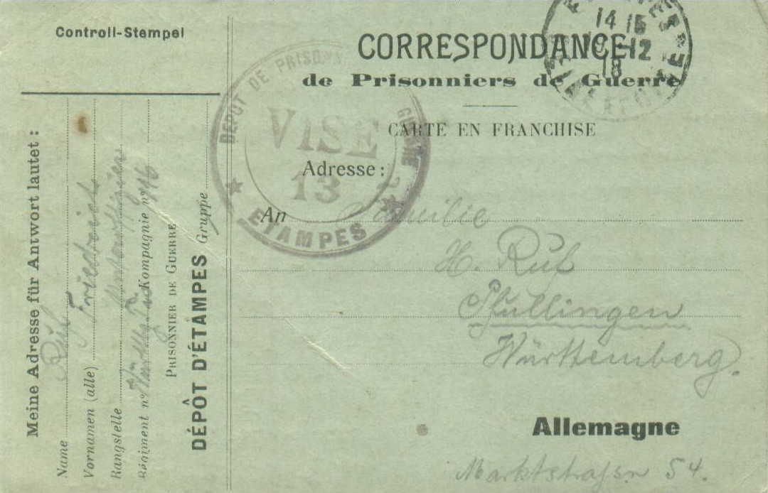 Courrier émanant du dépôt de prisonniers du dépôt d'Etampes