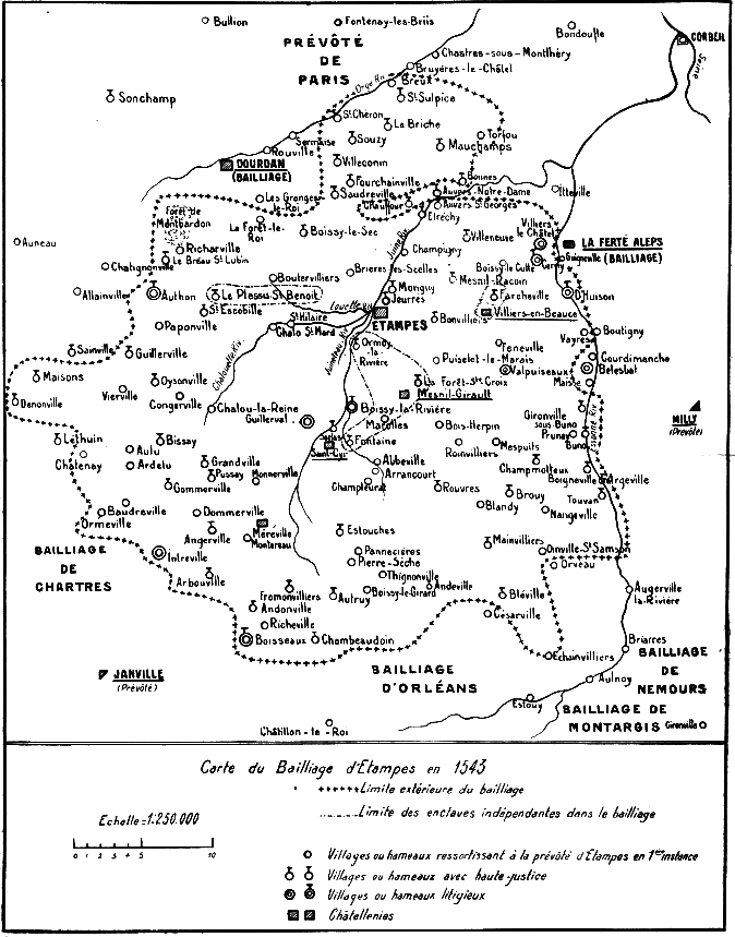 Carte du Bailliage d'Etampes vers 1543 selon Paul Dupieux (1931)