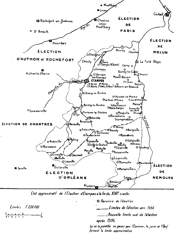 Etat approximatif de l'Election d'Etampes à la fin du XVIe siècle (carte de Paul Dupieux, 1931)