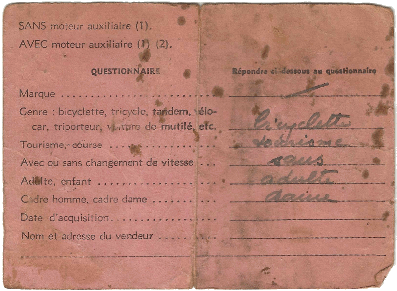 Enregistrement de cycle à Etampes (1942, verso)