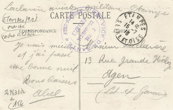 Carte postale de l'aviateur Abel Laclavère (Etampes, 1916)