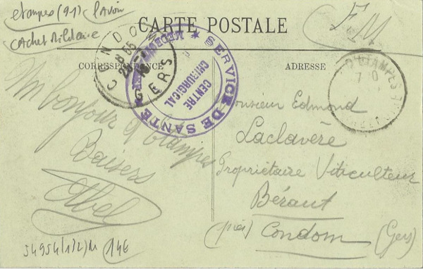 Carte postale de l'aviateur Abel Laclavère (Etampes, 1916)