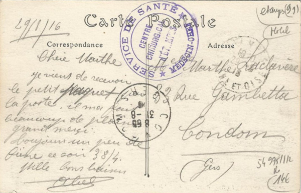 Carte postale de l'aviateur Abel Laclavère (Etampes, 1916)