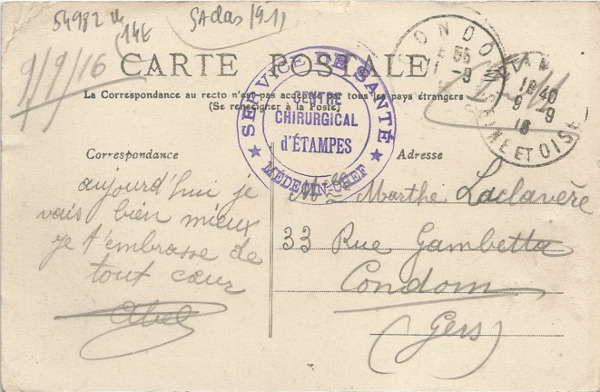 Carte postale de l'aviateur Abel Laclavère (Etampes, 1916)