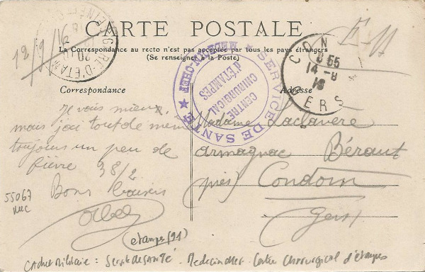 Carte postale de l'aviateur Abel Laclavère (Etampes, 1916)