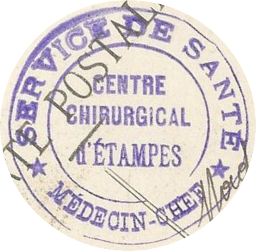 Cachet du médecin-chef du centre chirurgical d'Etampes sur les cartes postales de l'aviateur Abel Laclavère (1916)