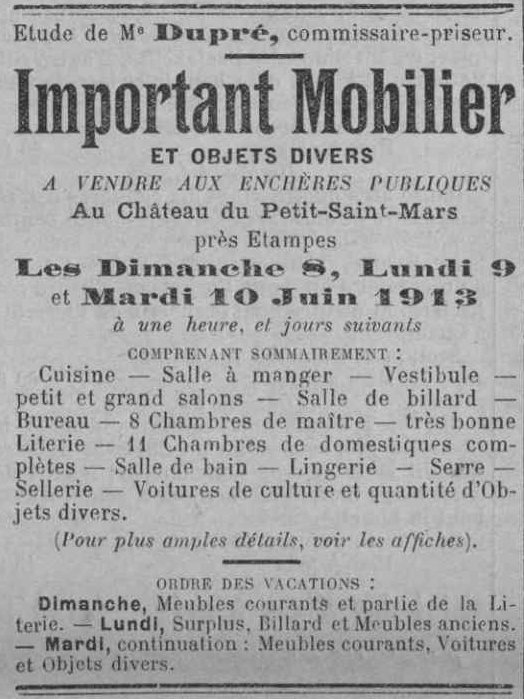 Vente du mobilier du château du Petit-Saint-Mars (1913)