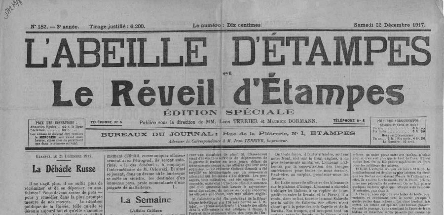 Abeille d'Etampes du 22 d&eacute;cembre 1917: bient&ocirc;t la suite!