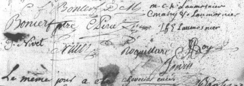 Signataires de l'acte de mariage de Claude-François Boncerf en 1757