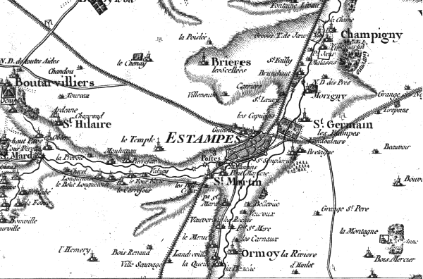 Etampes sur la Carte de Cassini de 1750