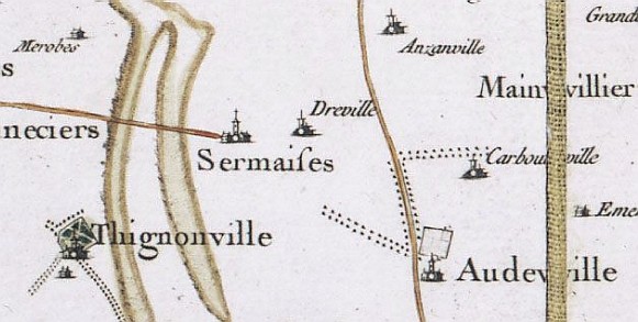 Audeville, Sermaises et Merobes sur la carte de Cassini, édition de 1756