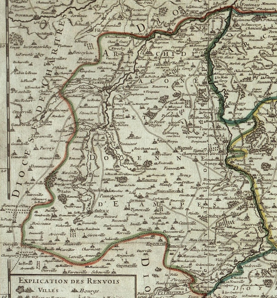 Carte de l'archidiaconé et doyenné d'Etampes extraite de la carte du diocèse de Sens par Outhier en 1741.