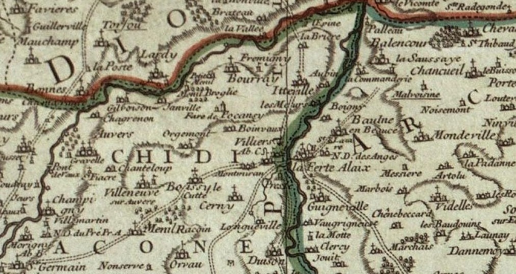 La ferté-Alais sur la carte de l'archidiaconé d'Etampes d'Outhier (1641)