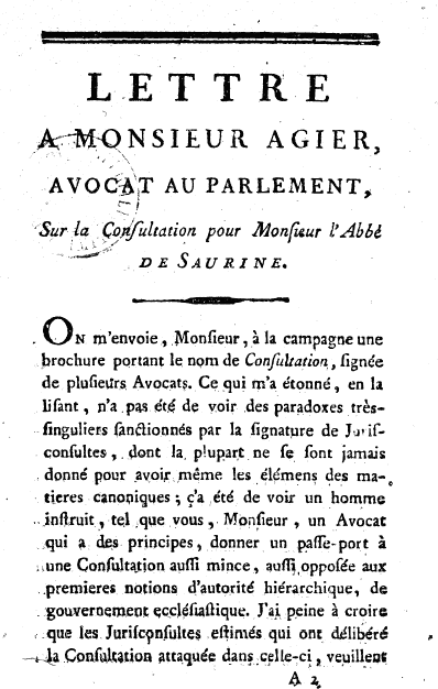 Lettre à Monsieur Agier