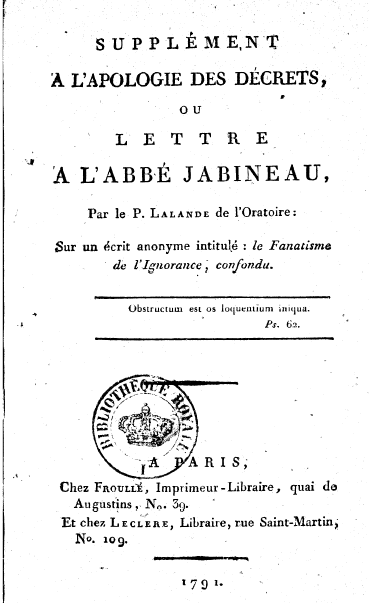 Lalande: Lettre à Jabineau